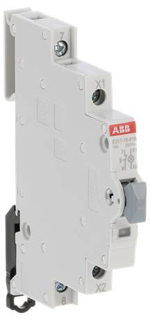 Weißes ABB-Elektroschutzschalter-Modul mit Anschlussschrauben und grauem Schalthebel auf schlicht strukturiertem Hintergrund.