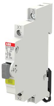 ABB-Elektrorelaismodul mit beschrifteten Anschlüssen X1, X2, 7 und 8, dargestellt als graues DIN-Schienen-Gerät auf weißem Hintergrund.