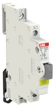 ABB-Miniaturschutzschalter mit weißem Gehäuse, gekennzeichnet mit X1 und X2, grauem Schalthebel und gelbem Indikator