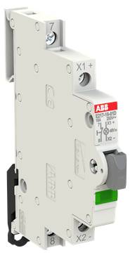 ABB-Elektroschutzschalter-Modul, weißes DIN-Schienen-Gerät mit gekennzeichneten Anschlüssen X1+ und X2- sowie einer grünen Statusanzeige.
