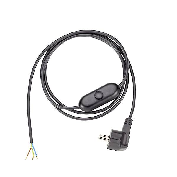 Schwarzes Stromkabel mit Inline-Schalter, Stecker und offenen Drahtenden auf weißem Hintergrund.