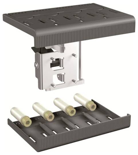 3D-Darstellung eines Metallkabelsteckers mit gerillter schwarzer Oberkappe und Basis, zeigt vier koaxiale Kabelstecker, die darunter ausgerichtet sind.