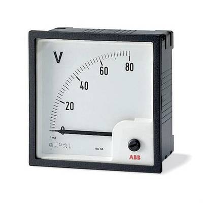 Analoges Voltmeter mit einer 0–80-Skala und Zeiger nahe Null, beschriftet mit "V" und ABB, in einem quadratischen schwarzen Gehäuse.