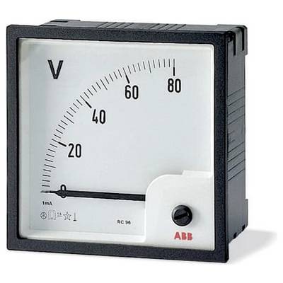 Analoges Voltmeter-Messinstrument mit der Bezeichnung „V" mit einer Skala von 0-80 und Zeiger nahe bei 0, in einem schwarzen ABB-Panelmeter-Gehäuse.