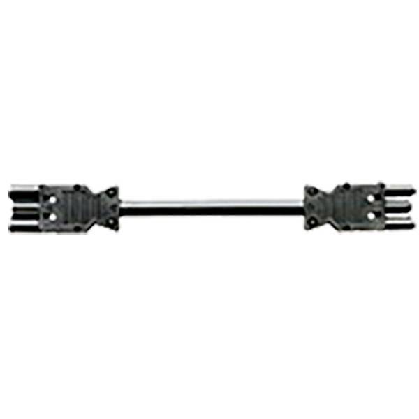 Schwarzer Kabelstecker mit einem langen zentralen Kabel und vierpoligen Steckern an beiden Enden, dargestellt auf weißem Hintergrund.