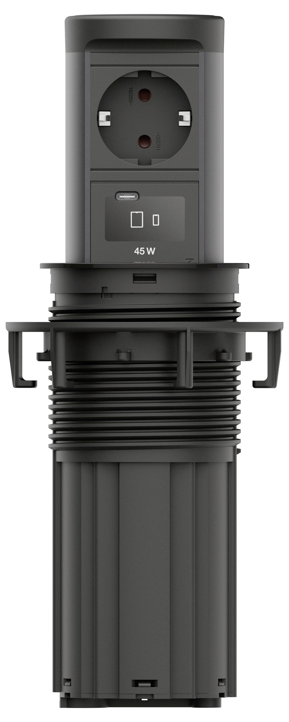 Schwarzes, versenkt eingebautes Steckdosenmodul mit einem 45-W-USB-Ladeanschluss und EU-Steckdose, in Vorderansicht auf einer Montagebasis dargestellt.