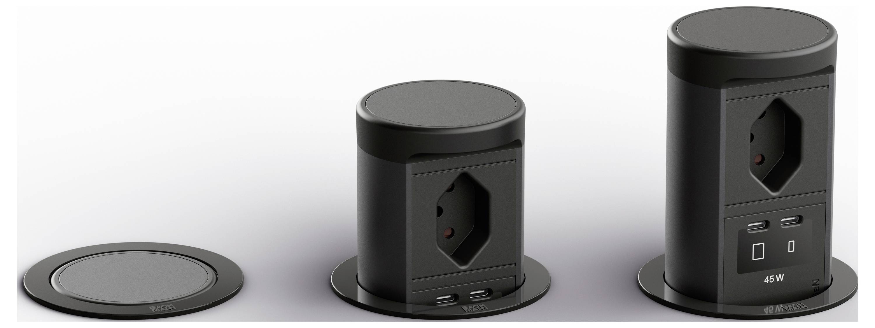 Drei schwarze zylindrische Strommodule, dargestellt in drei Größenvarianten, mit einer flachen Scheibe und zwei höheren Versionen mit Steckdosen und USB-Anschlüssen.