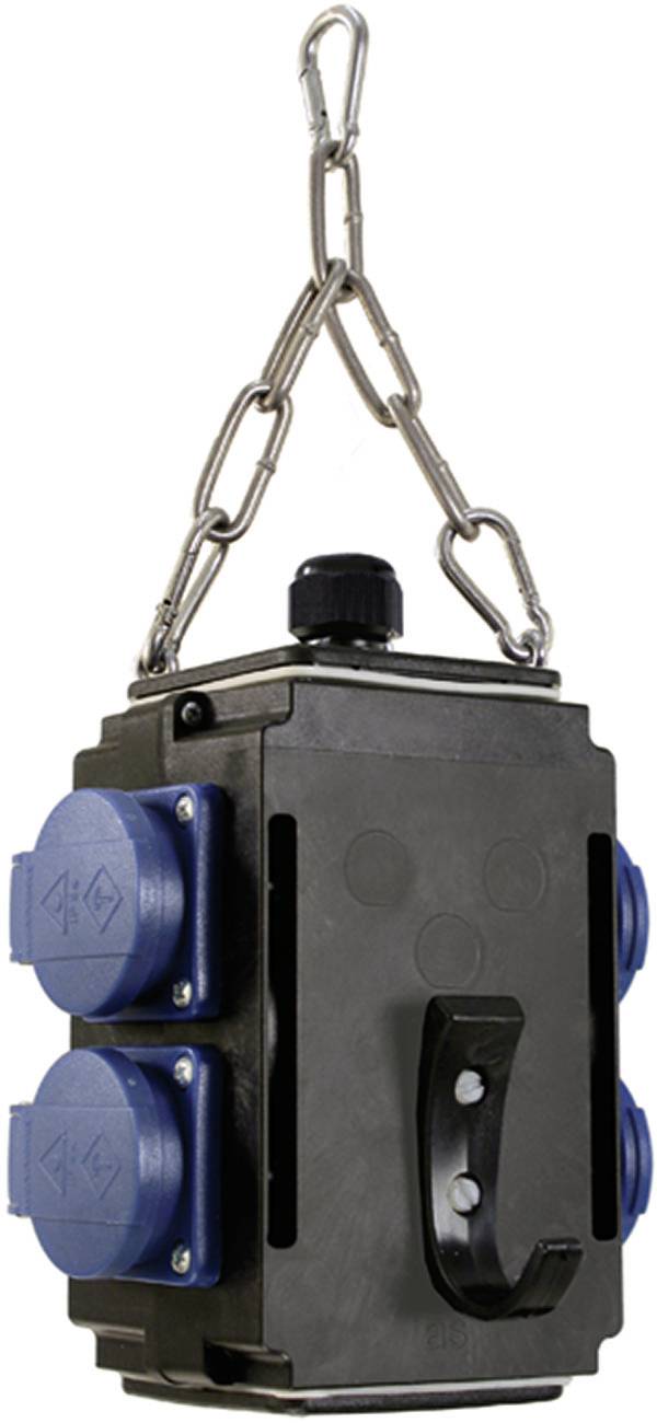 Industrielle elektrische Verteilerdose mit metallischer Hängekette und seitlich angebrachten blauen Abdeckungen, dargestellt auf weißem Hintergrund.