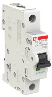 Weißer ABB-einpoliger Miniatur-Leitungsschutzschalter mit schwarzem Umschalter und Elektrizitätsrating-Etikett.