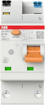 ABB-Leitungsschutzschalter mit Bezeichnung 'SX-ARC1 B16 230V~ 6000', mit orangefarbenen Test- und Schalterreglern sowie grünen Statusfenstern.