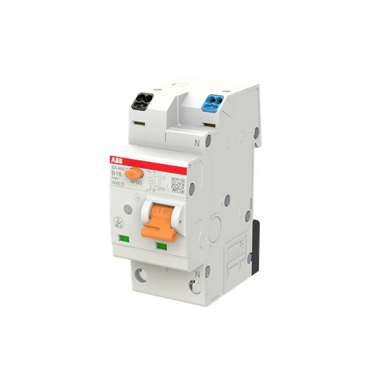 ABB Miniatur-Leitungsschutzschalter mit orangefarbenem Kippschalter und gekennzeichneten Anschlüssen, gezeigt auf weißem Hintergrund.