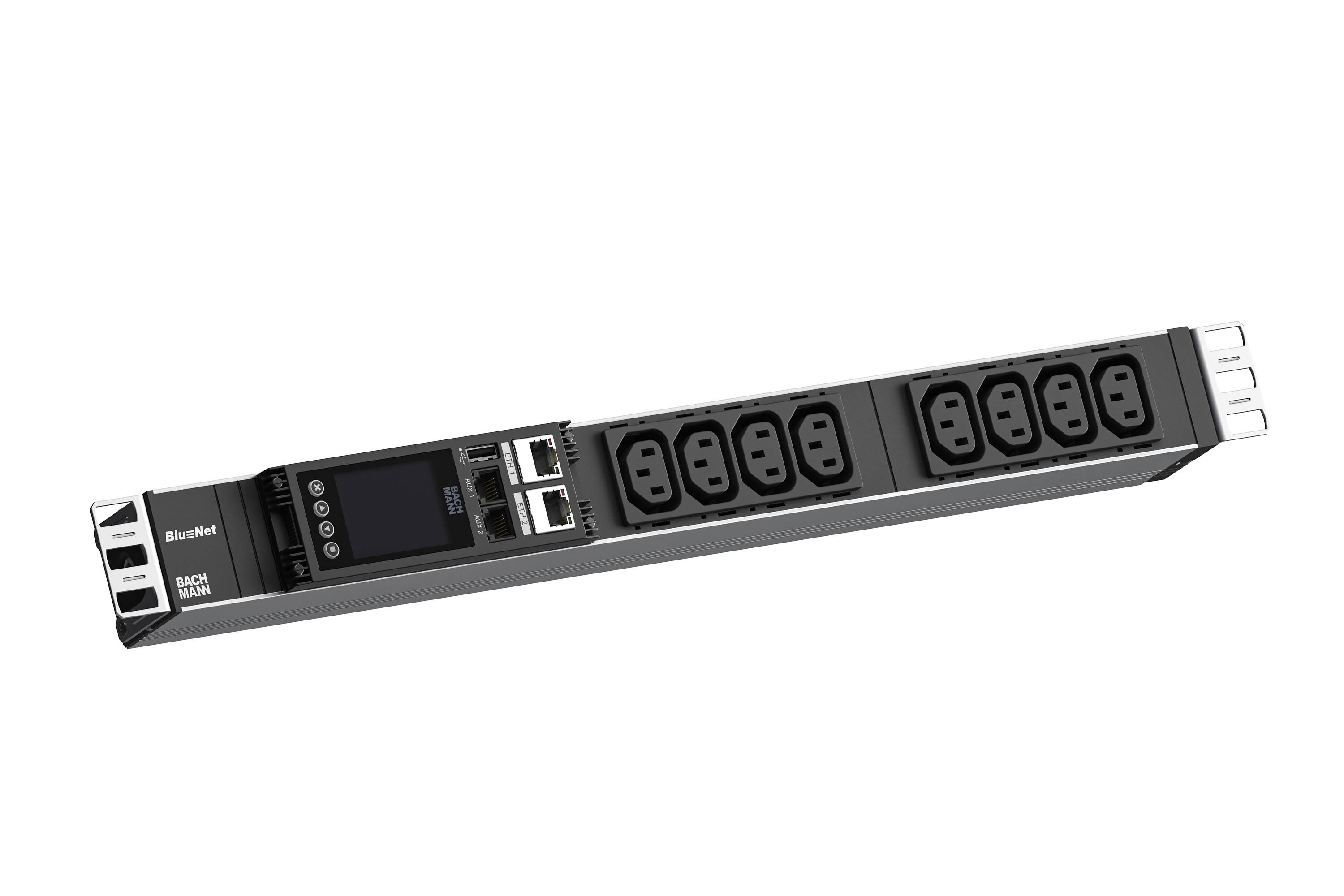 Rack-montierte APC-Rack-Stromverteilungseinheit mit mehreren Steckdosen und Netzwerkanschlüssen, dargestellt auf weißem Hintergrund.