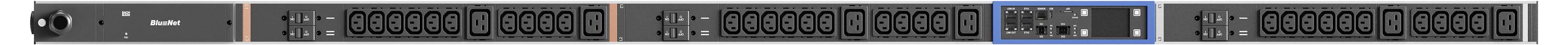 Horizontal Gerätegehäuse mit Frontplatte für Rackeinbau mit mehreren digitalen Displays und Steuersektionen, wahrscheinlich ein Audio- oder Servergerät.
