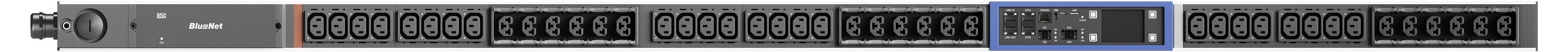 Ein schmales Rack aus Audio-/Videogeräten mit mehreren Bedienfeldern, Kontrollleuchten und vorderen Displays, wahrscheinlich ein Umschalter oder Mischer.