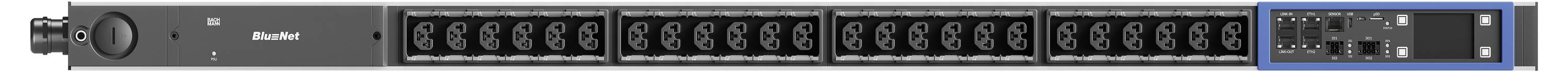 Rückansicht eines Bluetooth-Audioempfängers/-verstärkers mit mehreren Ein-/Ausgängen und einer Reihe von Lautsprecherklemmen, wobei das Bedienfeld auf der rechten Seite zu sehen ist.