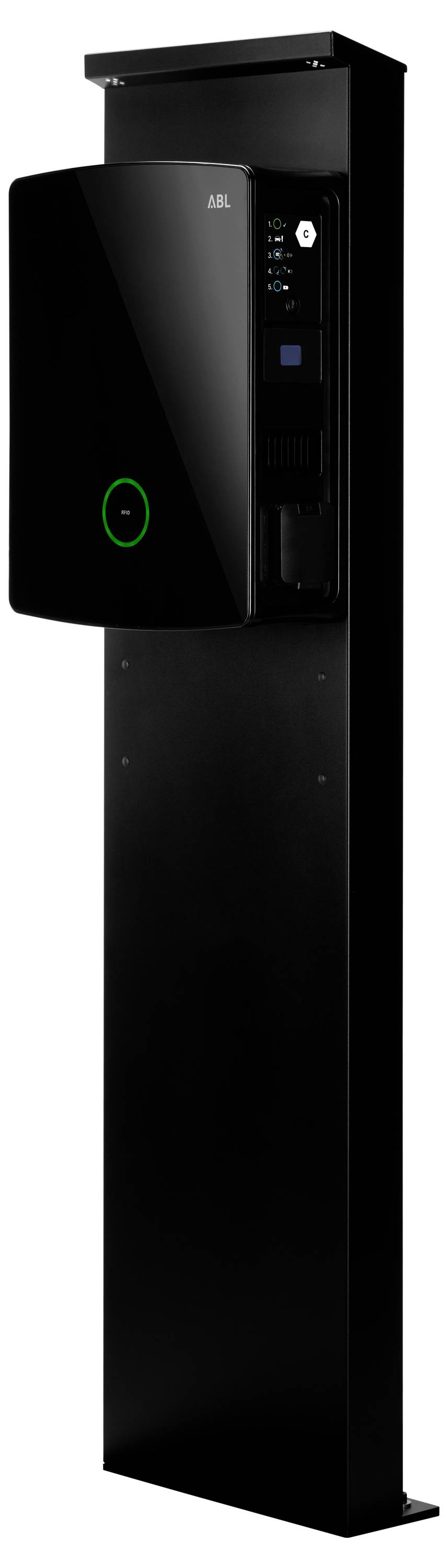 Schwarze wandmontierte elektronische Zutrittskontrollanlage mit Vordertür, Tastatur, Schlüsselschlitz und grüner Statusleuchte auf einem hohen schwarzen Paneel.