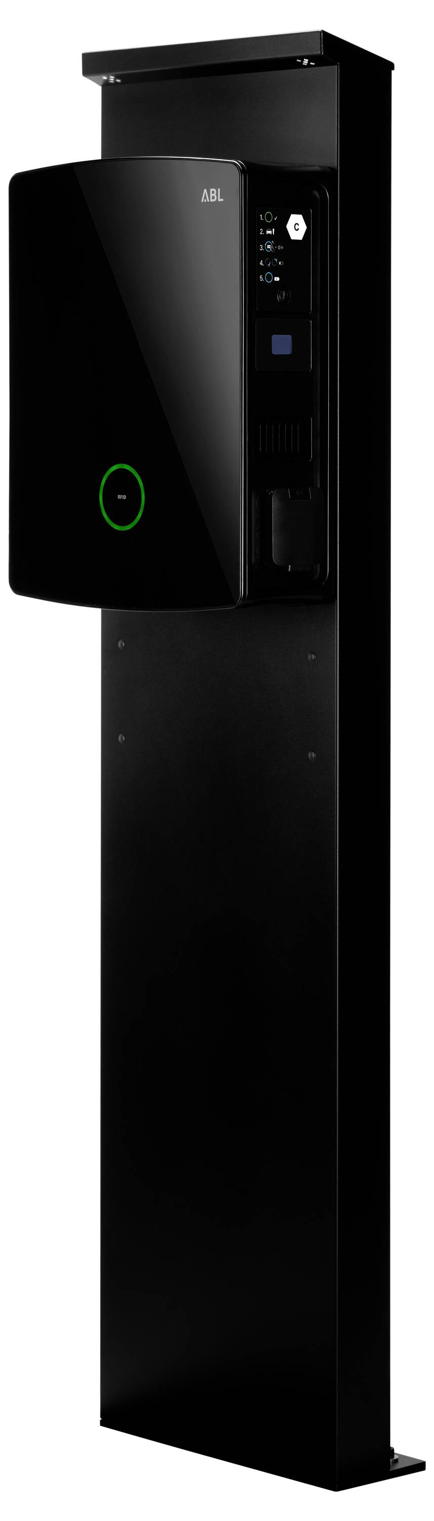 Schwarzes, wandmontiertes Kiosk- oder Zugangsgerät mit glänzender Frontplatte, kleinem leuchtendem Ring und schmaler Bedienungszone auf der rechten Seite.
