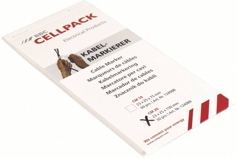 Packung BBC Cellpack Kabelmarkierer, ein weißes Heftchen mit der Aufschrift „KABEL MARKIERER" mit roten Diagonalstreifen und mehrsprachigem Produkttext.