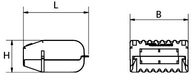 Technische Zeichnung eines zylindrischen Bauteils, dargestellt in Seiten- und Vorderansicht, mit Maßstabbezeichnungen L, H und B für Länge, Höhe und Breite.
