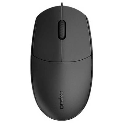 Schwarze Rapoo-kabelgebundene Computermaus, von oben gezeigt, mit sichtbarem Scrollrad und Logo.