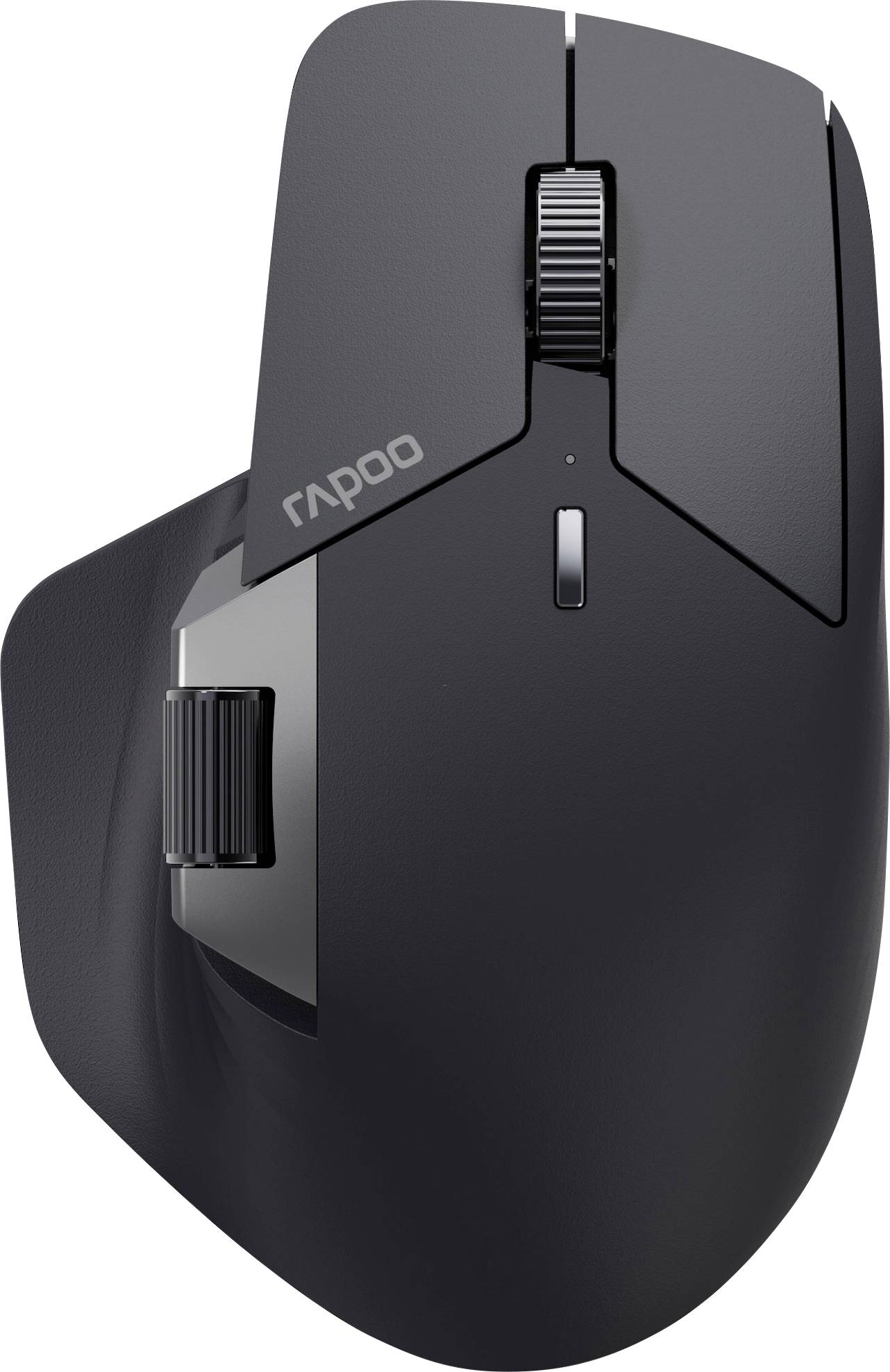 Schwarze kabellose Rapoo-Computermaus mit Scrollrad und Seitentasten auf weißem Hintergrund.