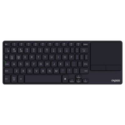 Kompakte schwarze kabellose Rapoo-Tastatur mit integriertem Touchpad auf der rechten Seite, mit flachen Tasten und kleinem grünem Statuslicht.