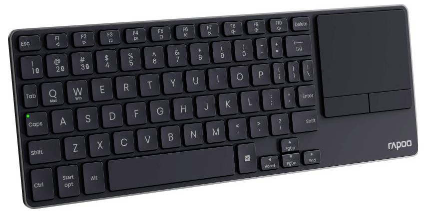 Schwarze Rapoo-Wireless-Tastatur mit integriertem Touchpad auf der rechten Seite und kompaktem Layout, dargestellt auf weißem Hintergrund.
