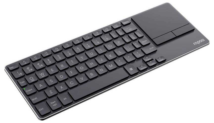 Schwarze kabellose Rapoo-Tastatur mit integriertem Touchpad, in perspektivischer Ansicht auf weißem Hintergrund gezeigt.
