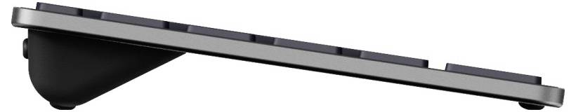 Seitenansicht eines flachen schwarzen Laptop-Kühlstands mit geneigter oberer Plattform und angehobenem linkem Stützfuß.