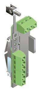 3D-Illustration eines grünen, einbaubaren Steckklemmenblocks mit Schraubklemme und Metallhalteklammer