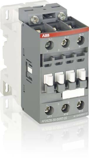 ABB AF Schütz als elektrisches Schaltgerät mit drei Hauptanschlüssen und weißen Betätigungshebeln auf grauer Montagebasis.