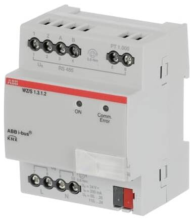 ABB i-bus KNX WZS 1.3.1.2 Modul, ein weißes DIN-Schienen-Elektrogerät mit Schraubklemmen und Status-LEDs mit der Beschriftung ON und Comm. Error.