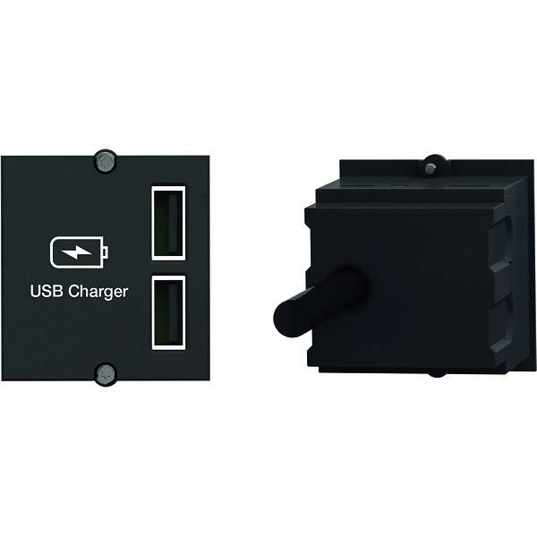 Schwarze wandmontierte USB-Ladeplatte mit zwei vertikalen USB-Anschlüssen und eine Seitenansicht des versenkten Moduls mit angeschlossenem Stecker.