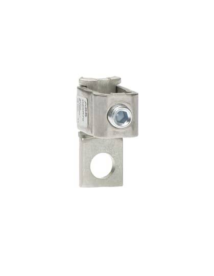 Metallische Elektrostecker-Klemme mit Schraubenloch, isoliert auf weißem Hintergrund gezeigt.