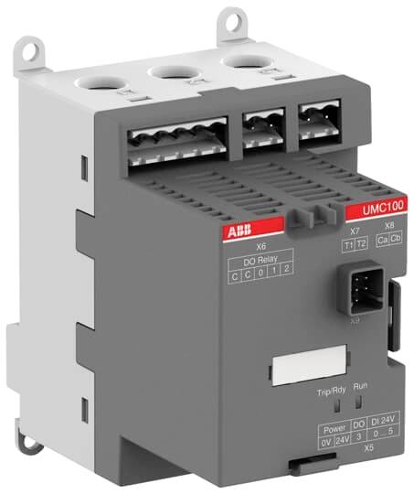 ABB UMC100 Industrielles Steuerrelaismodul mit Befestigungslaschen, Anschlussanschlüssen und vorderen Statusanzeigen.