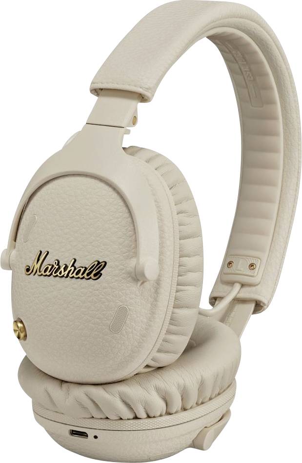 Beige Marshall Over-Ear-Kopfhörer, zusammengeklappt, vor weißem Hintergrund gezeigt.
