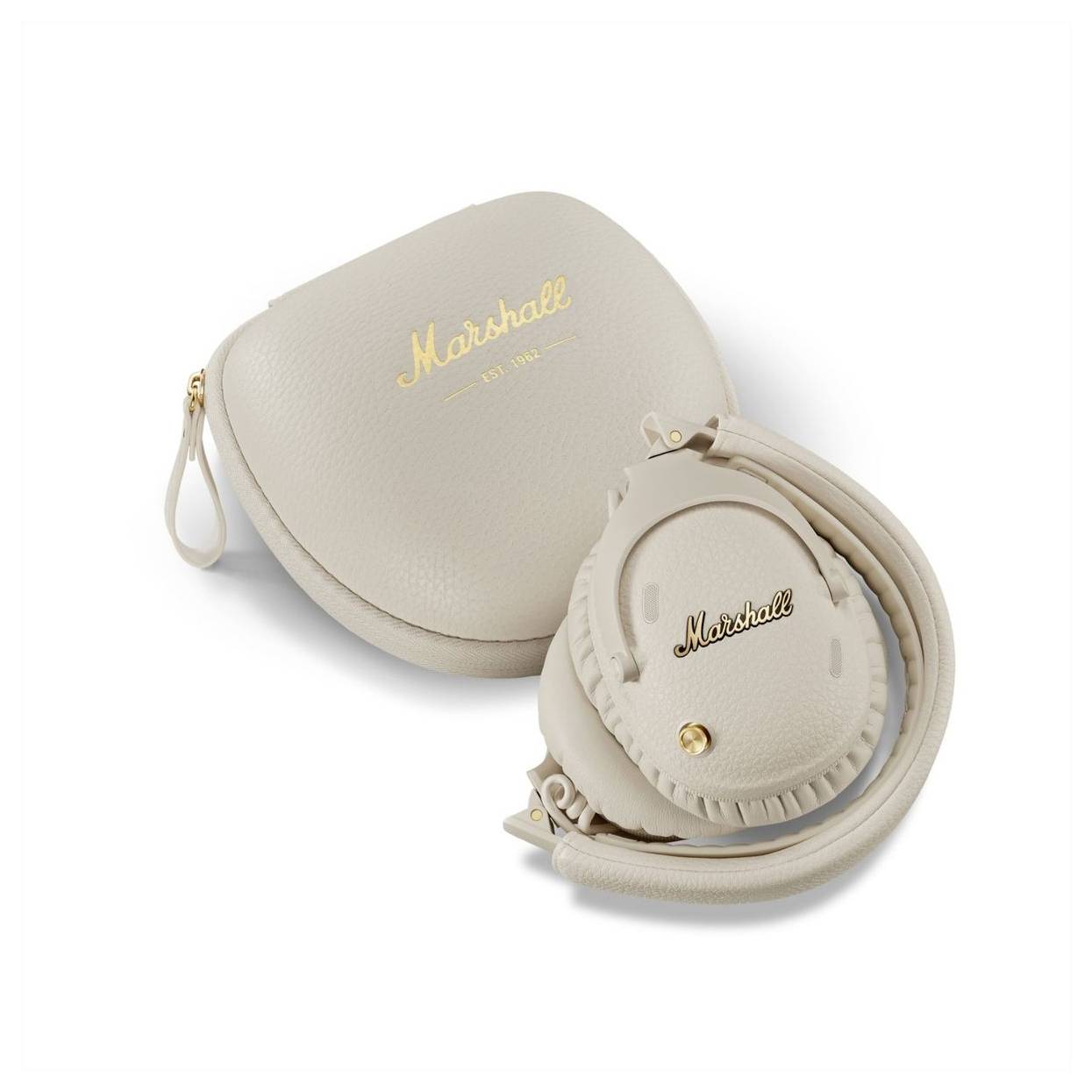 Beige kabellose Marshall-Kopfhörer mit passendem Reißverschluss-Tragekoffer, shown on a white background.