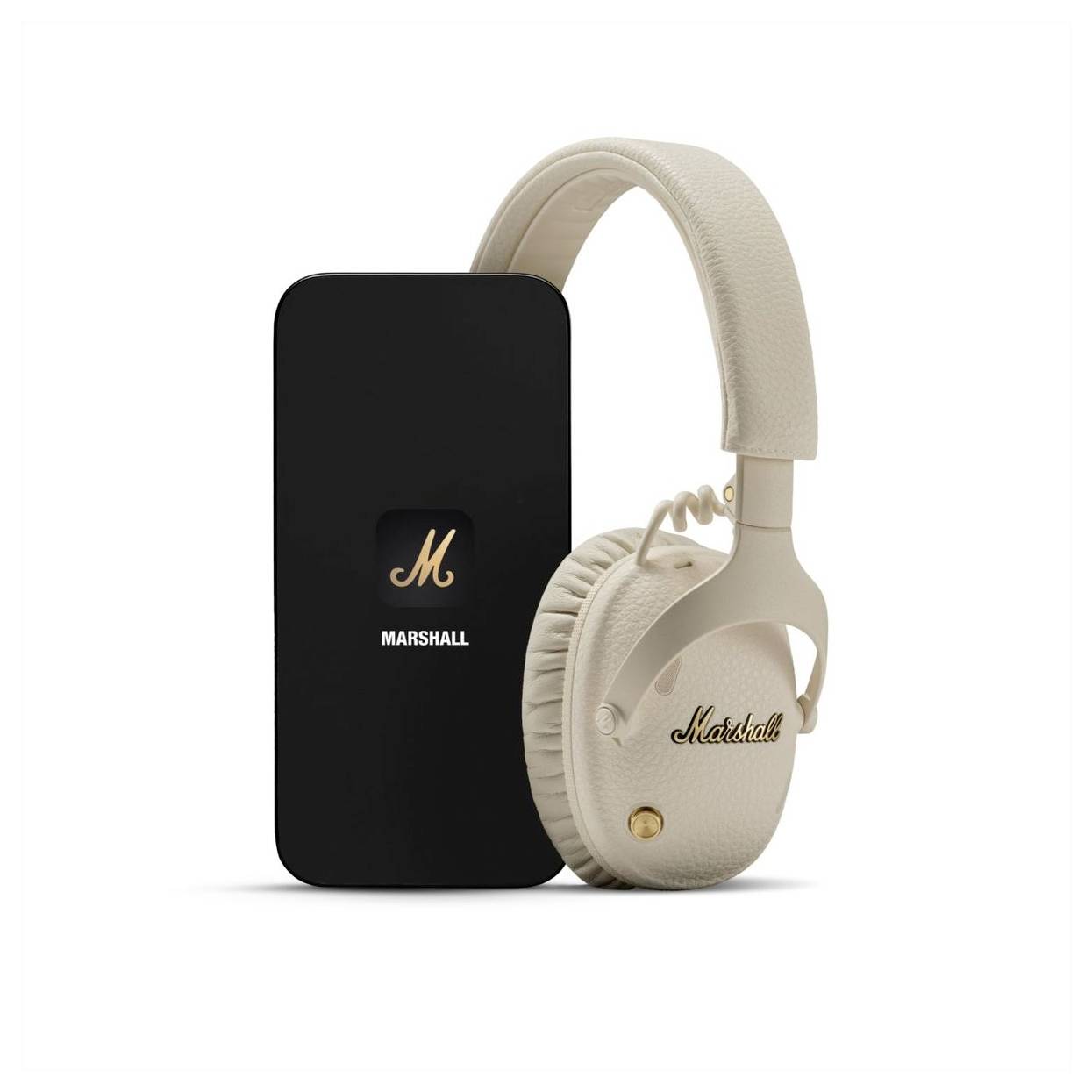 Beige Marshall Over-Ear-Kopfhörer neben einer schwarzen Schutztasche, gezeigt auf weißem Hintergrund.