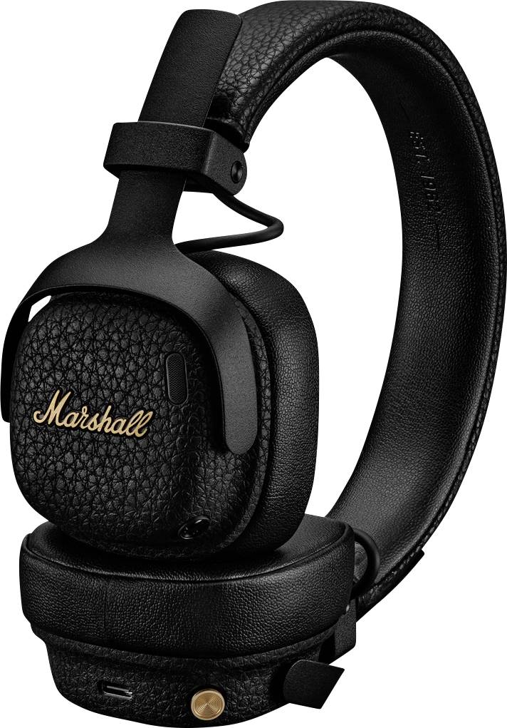 Black Marshall Over-Ear-Kopfhörer mit Wireless-Funktion und goldenem Logo, aufrecht auf einer Ladestation vor weißem Hintergrund dargestellt.