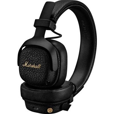Black Marshall Over-Ear-Kopfhörer mit Wireless-Funktion und goldenem Logo, aufrecht auf einer Ladestation vor weißem Hintergrund dargestellt.