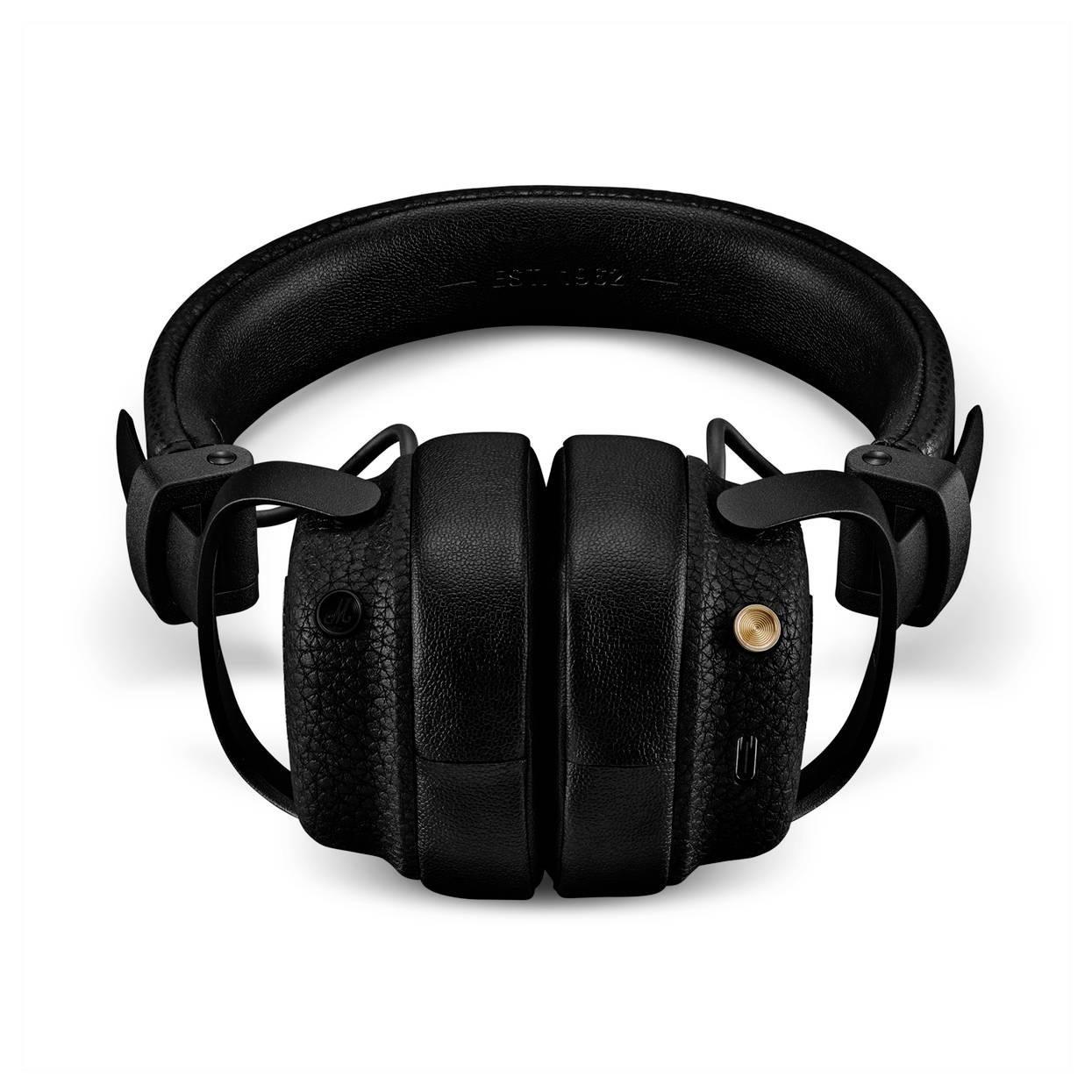 Schwarze Over-Ear-Kopfhörer mit gepolstertem Kopfbügel und Ohrmuscheln auf weißem Hintergrund.