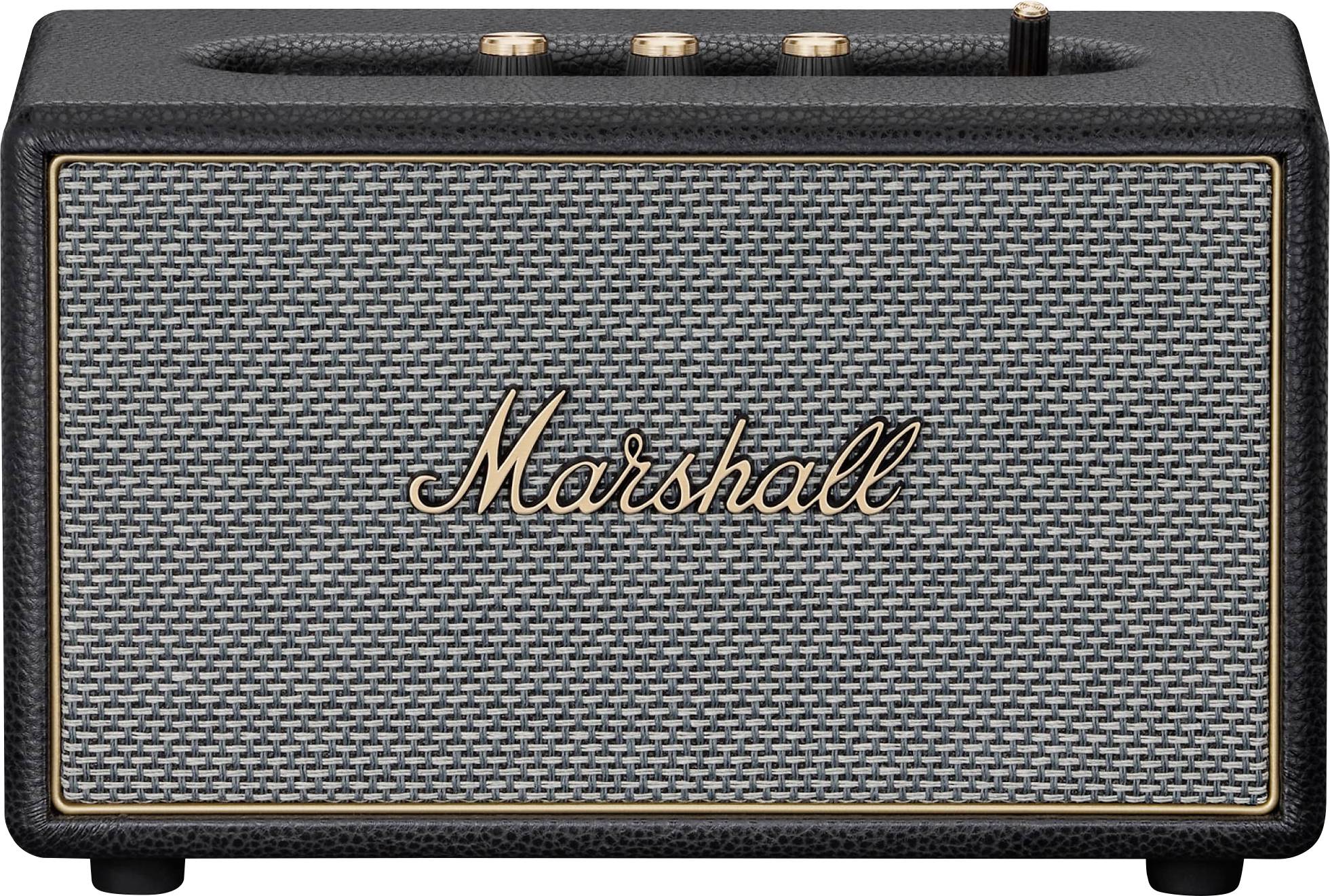 Vorderansicht eines tragbaren Marshall Bluetooth-Lautsprechers mit schwarzem strukturiertem Gehäuse, gewebtem Gitter, goldener Verkleidung und Bedienknöpfen oben.