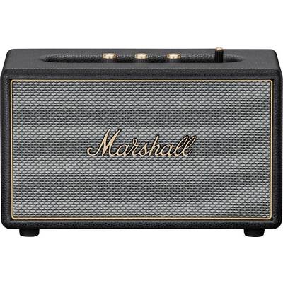 Vorderansicht eines tragbaren Marshall Bluetooth-Lautsprechers mit schwarzem strukturiertem Gehäuse, gewebtem Gitter, goldener Verkleidung und Bedienknöpfen oben.