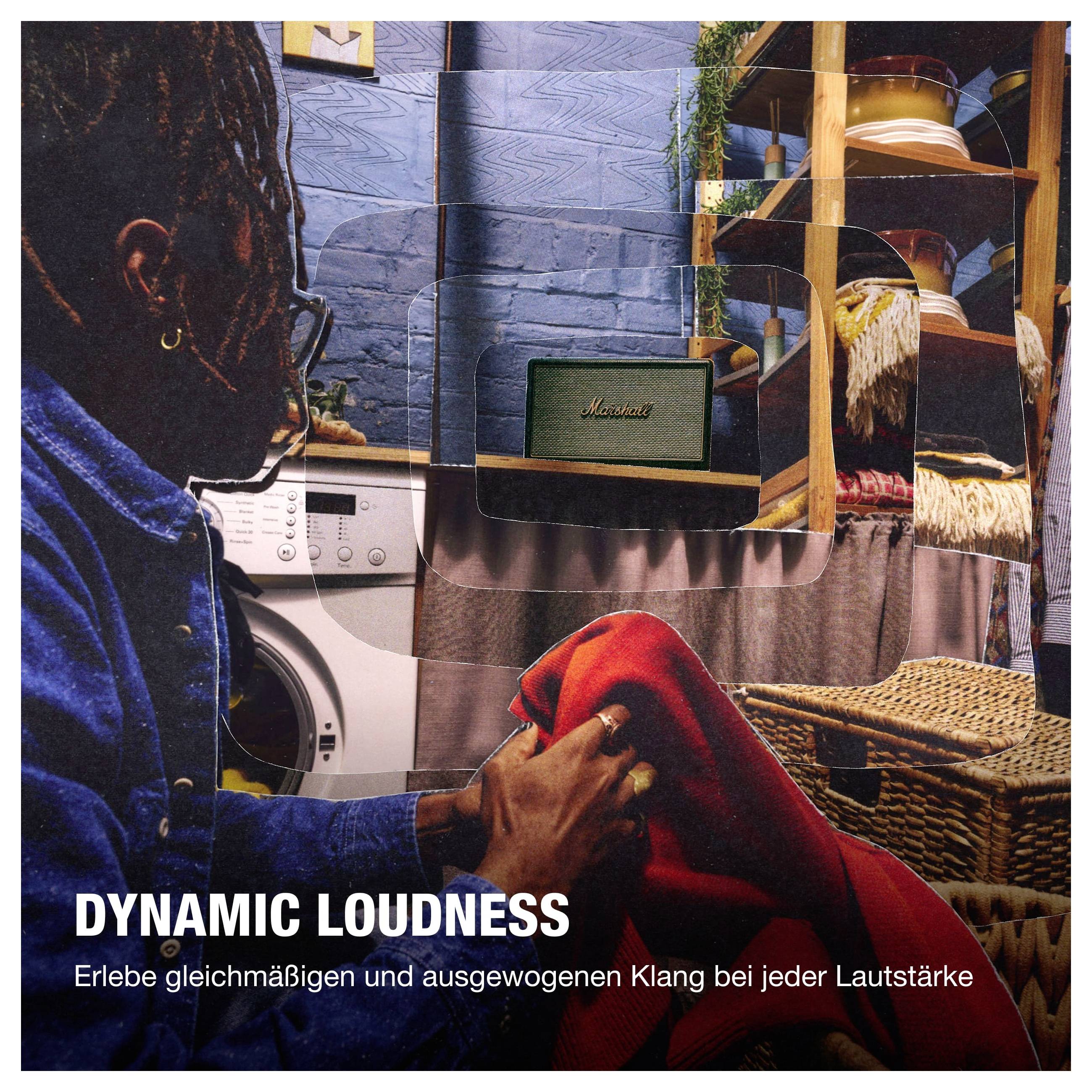Werbung mit Person vor Waschmaschine und Lautsprecher; Text 'DYNAMIC LOUDNESS' und 'Erlebe gleichmäßigen und ausgewogenen Klang bei jeder Lautstärke'.