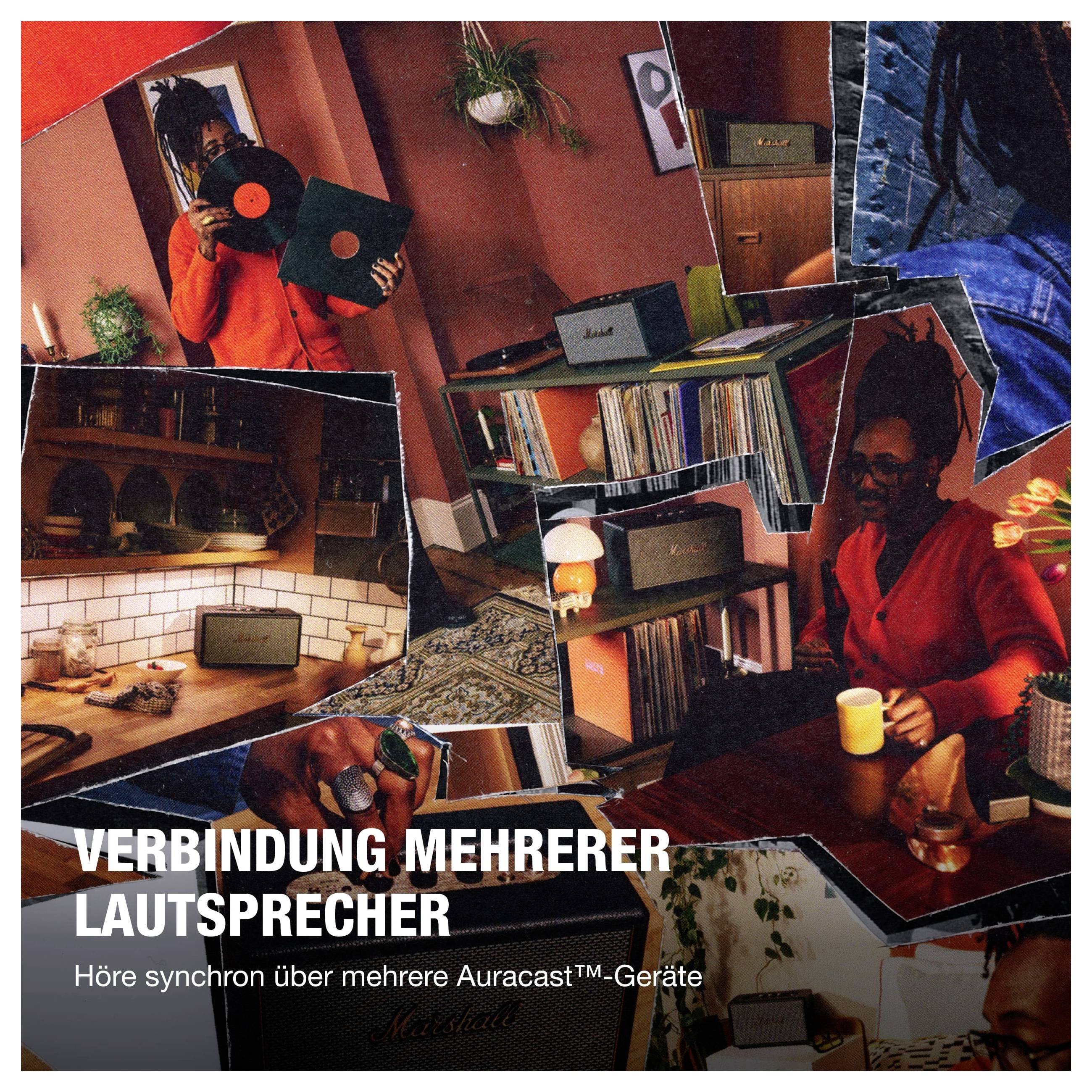 Collage mit Person und Lautsprechern; Text: 'VERBINDUNG MEHRERER LAUTSPRECHER' und 'Höre synchron über mehrere Auracast™-Geräte'.