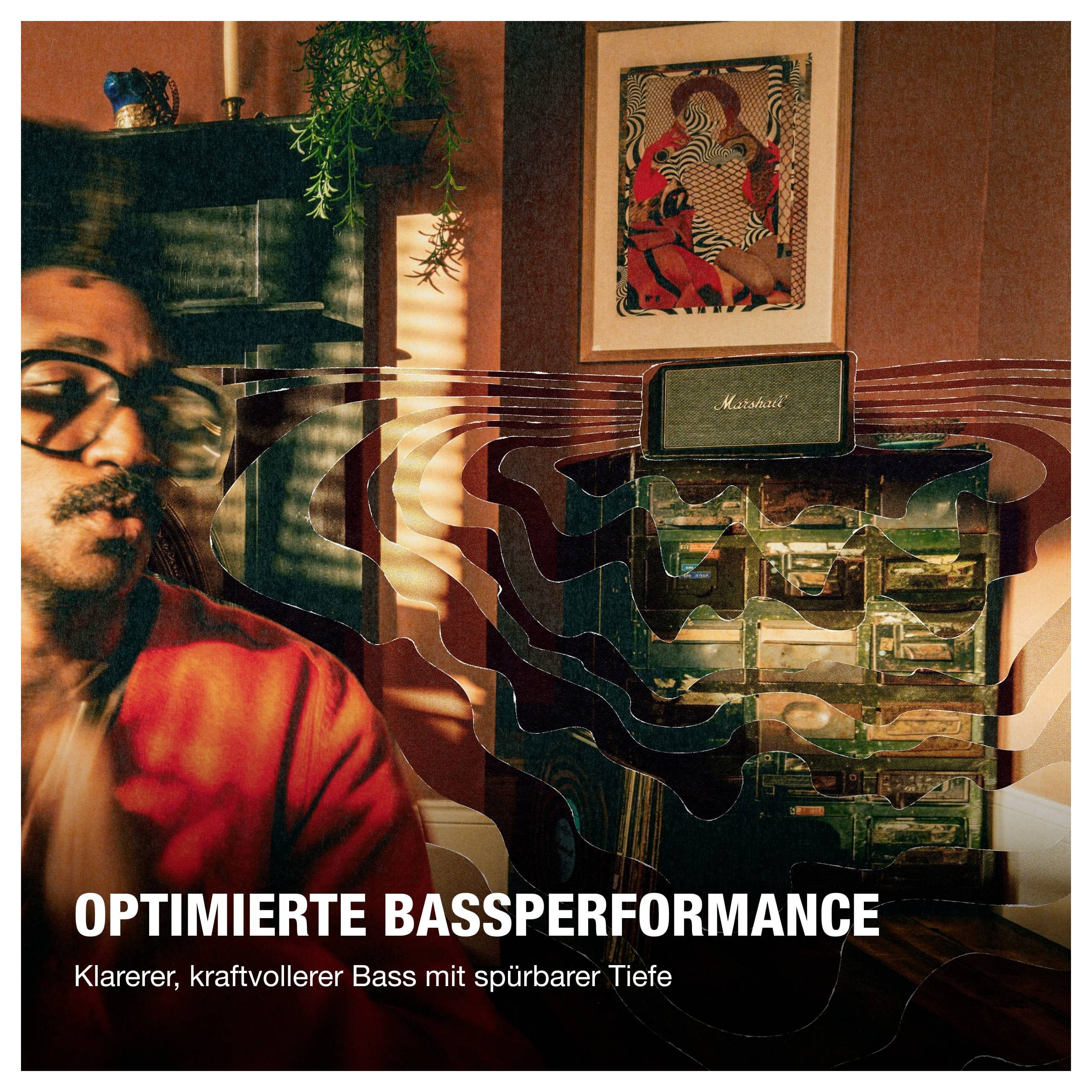 Werbebild für Marshall: unscharfes Porträt links, rechts ein Lautsprecher/Verstärker mit Wellenlinien; Text 'OPTIMIERTE BASSPERFORMANCE' und 'Klarerer, kraftvollerer Bass mit spürbarer Tiefe'.