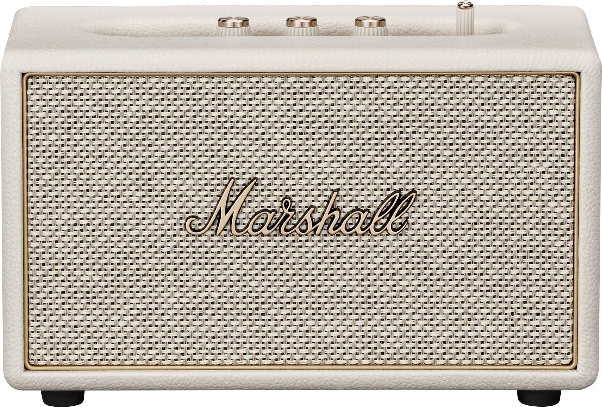 Ein Gitarrenverstärker-Gehäuse der Marke Marshall in Creme mit vergoldetem Mesh-Gitter vorne und Bedienknöpfen oben.