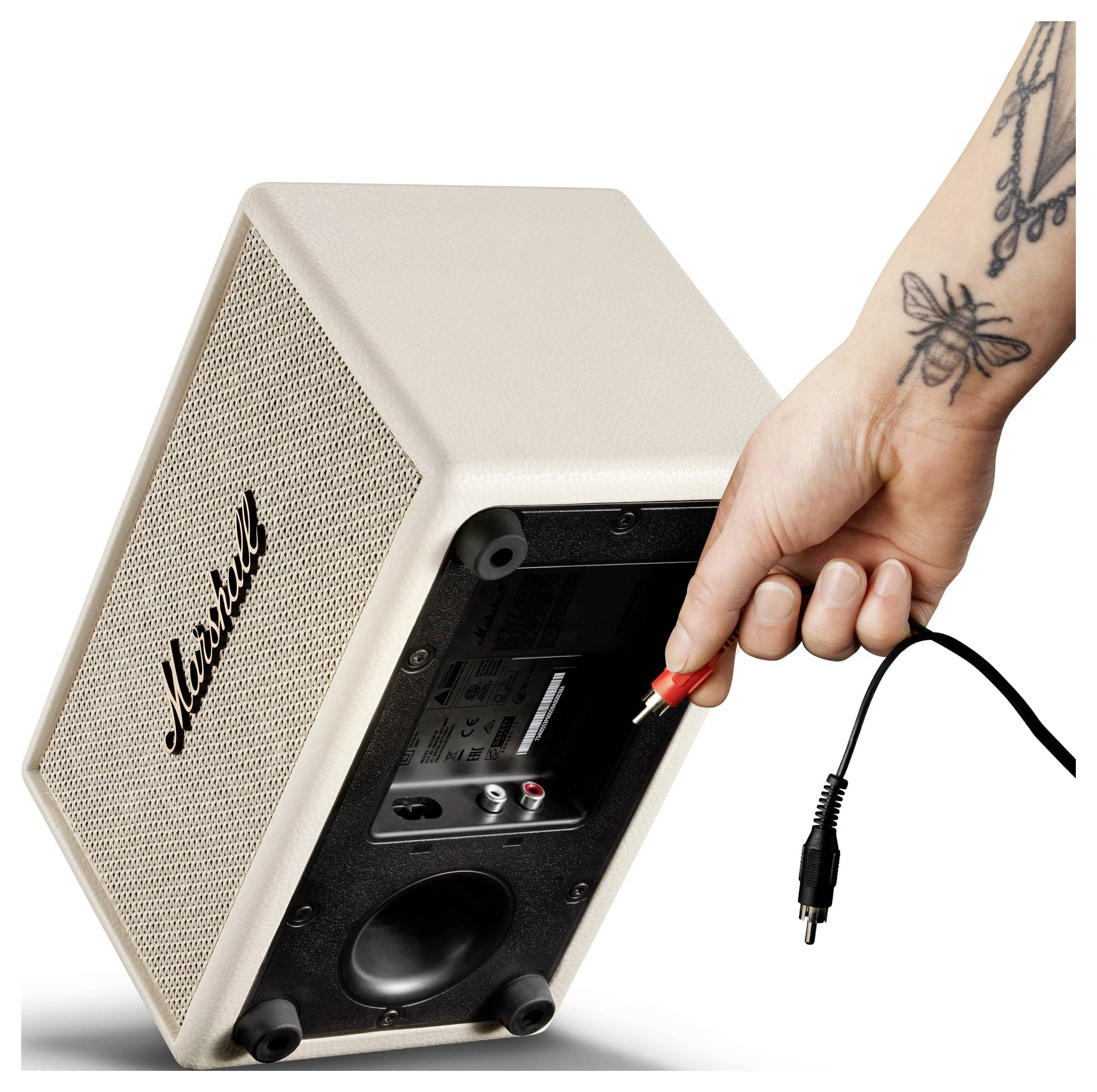 Hand steckt ein rotes Audiokabel in die Rückseite eines Marshall-Lautsprecherkabinetts.