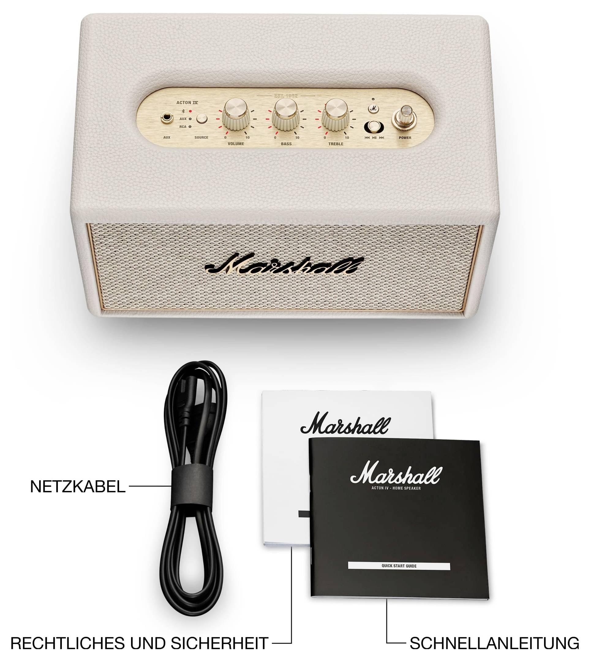 Marshall-Lautsprecher mit Netzkabel, Garantiedokumenten und Schnellanleitung als Lieferumfang.