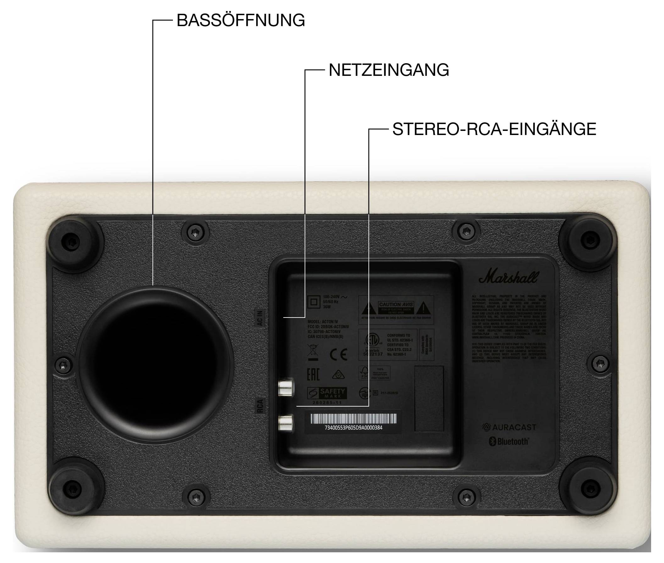 Rückseite eines Marshall-Lautsprechers mit beschrifteten Anschlüssen: Bassöffnung, Netzeingang und Stereo-RCA-Eingänge.
